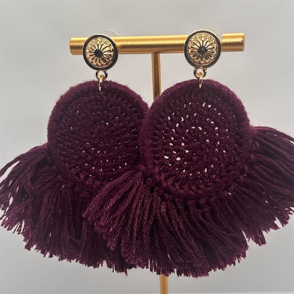 Burgundy‎ Macrame Fringe Earrings Womens Boho Statement Post Back Lightweight